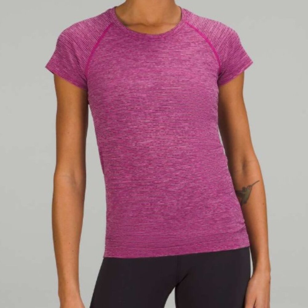 Women's Size 2 Lululemon Swiftly Tech Short Sleeve 2.0, Pink and Gray Striped